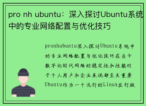 pro nh ubuntu：深入探讨Ubuntu系统中的专业网络配置与优化技巧